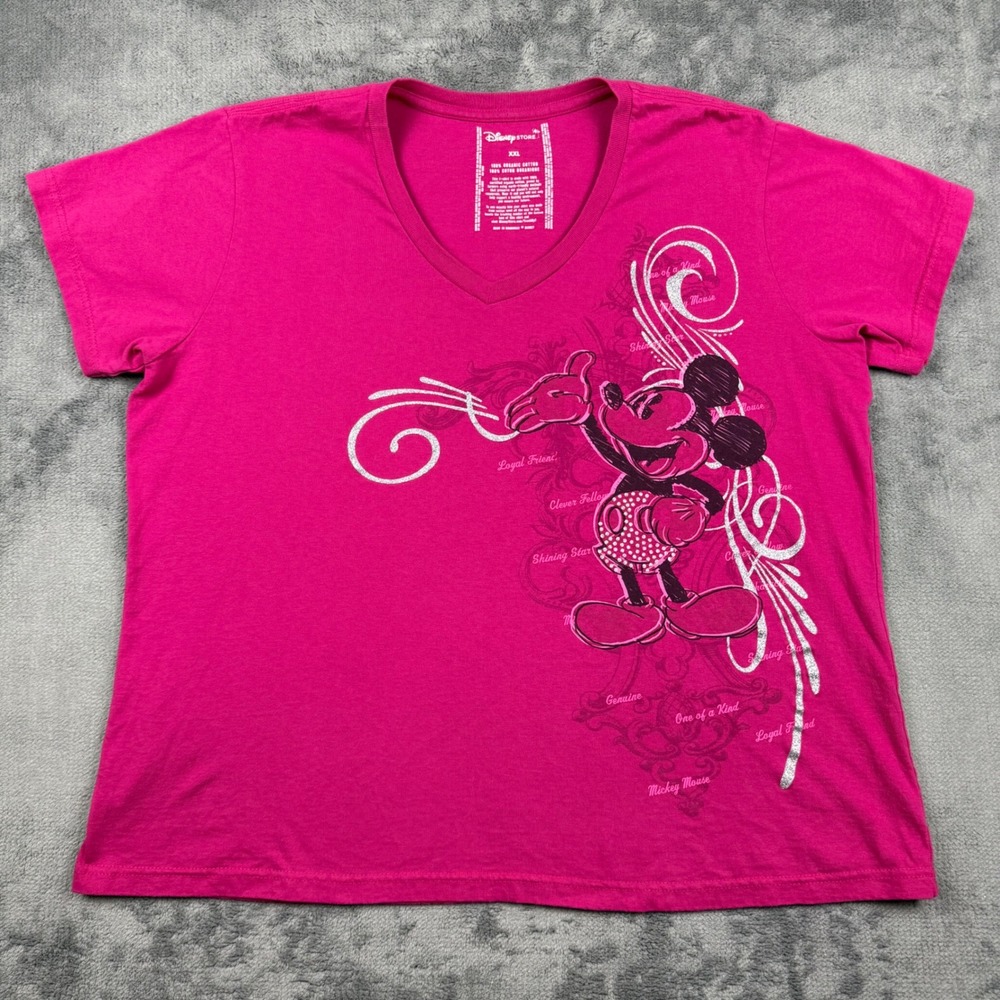 Disney Store Mickey Mouse Pink Organic Cotton Graphic V-Neck T-Shirt XXL